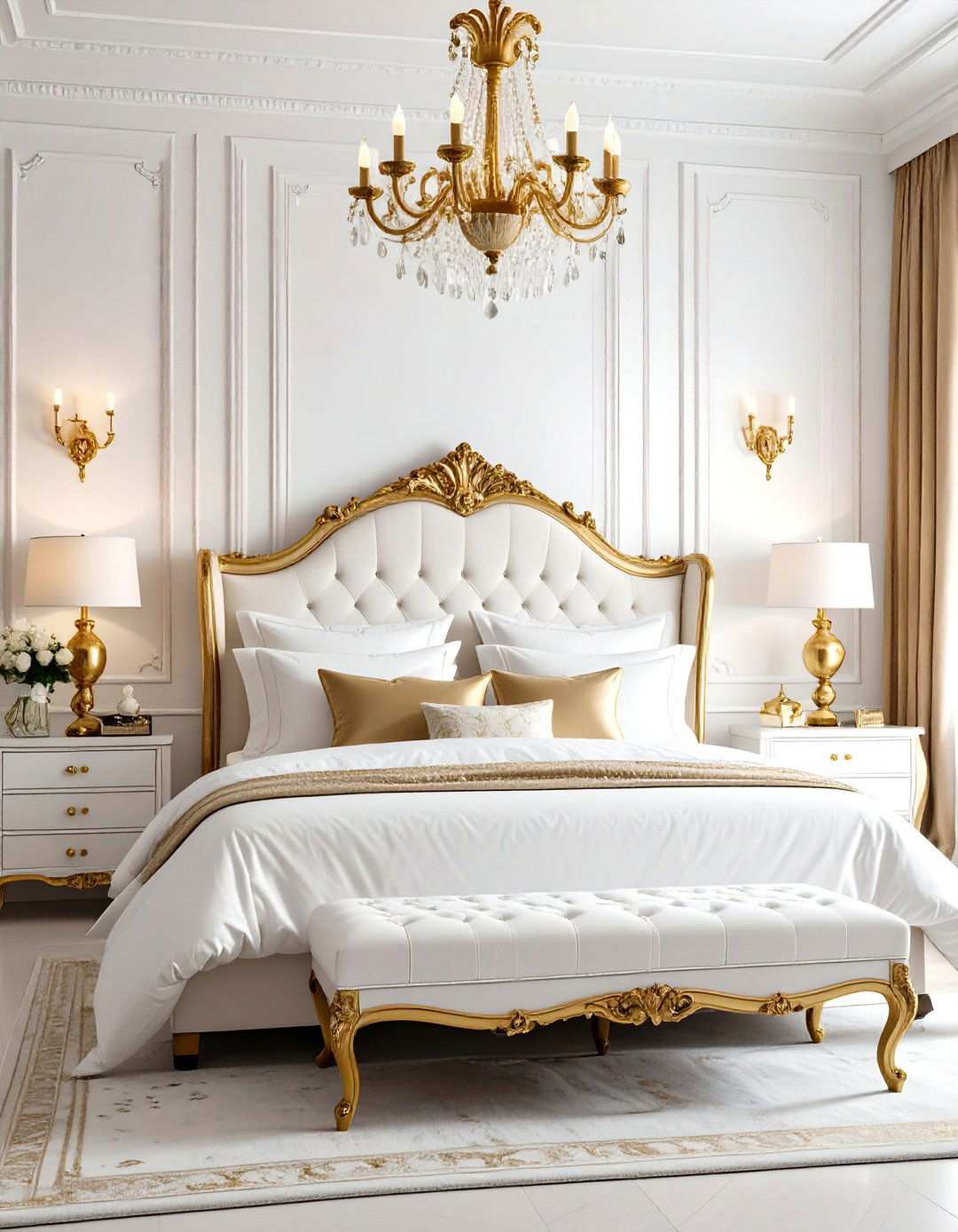 Maximalist White Bedroom with Bold Gold Statements - 24 White and Gold Bedroom Ideas