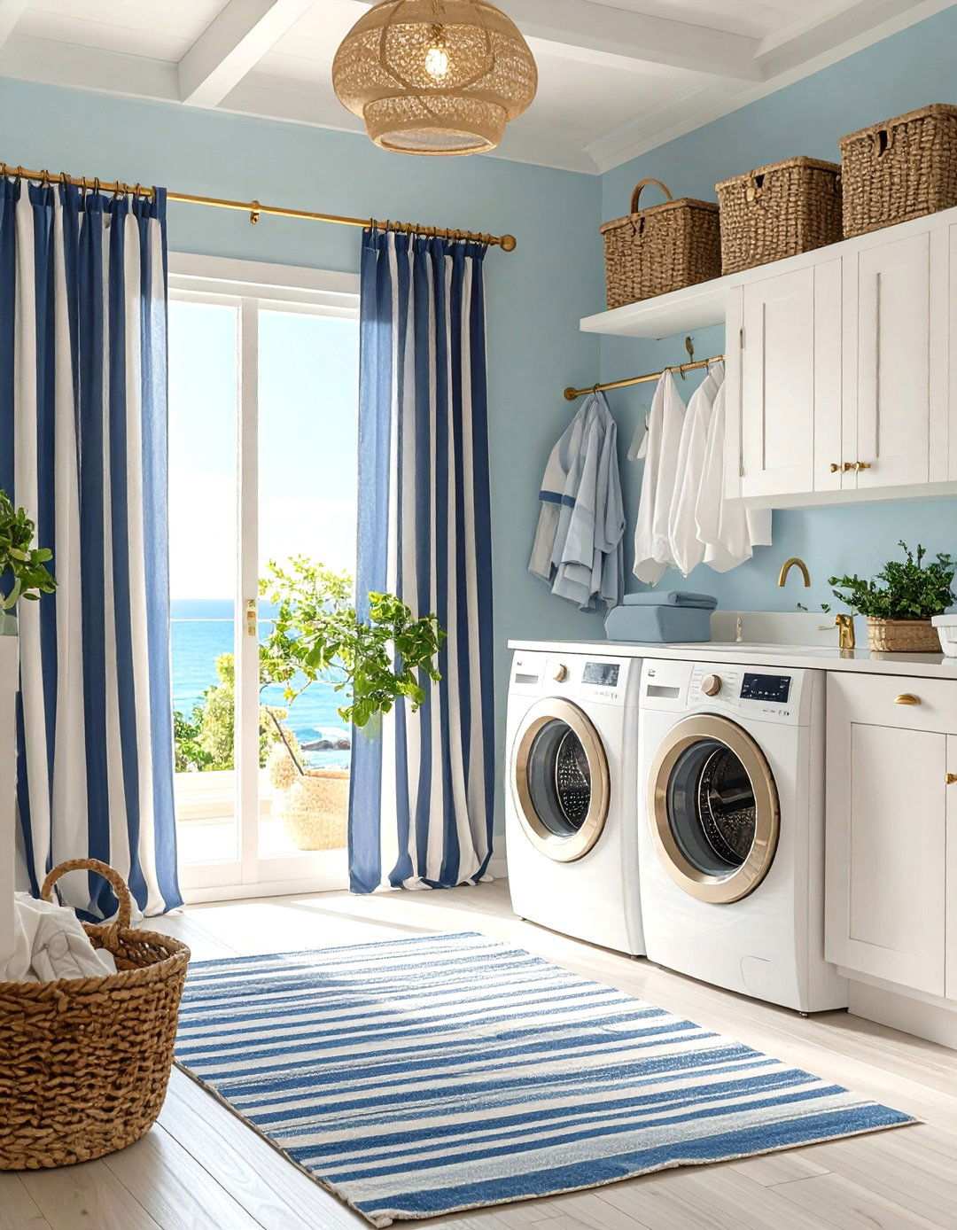 Mediterranean Blue and White Striped Curtains - 24 Laundry Room Curtain Ideas