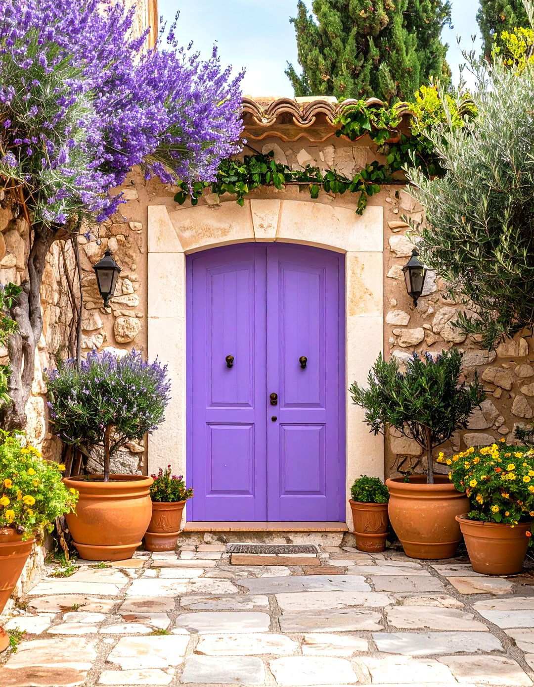 Mediterranean Lavender Door with Terra Cotta Accents - 24 Lavender Front Door Ideas