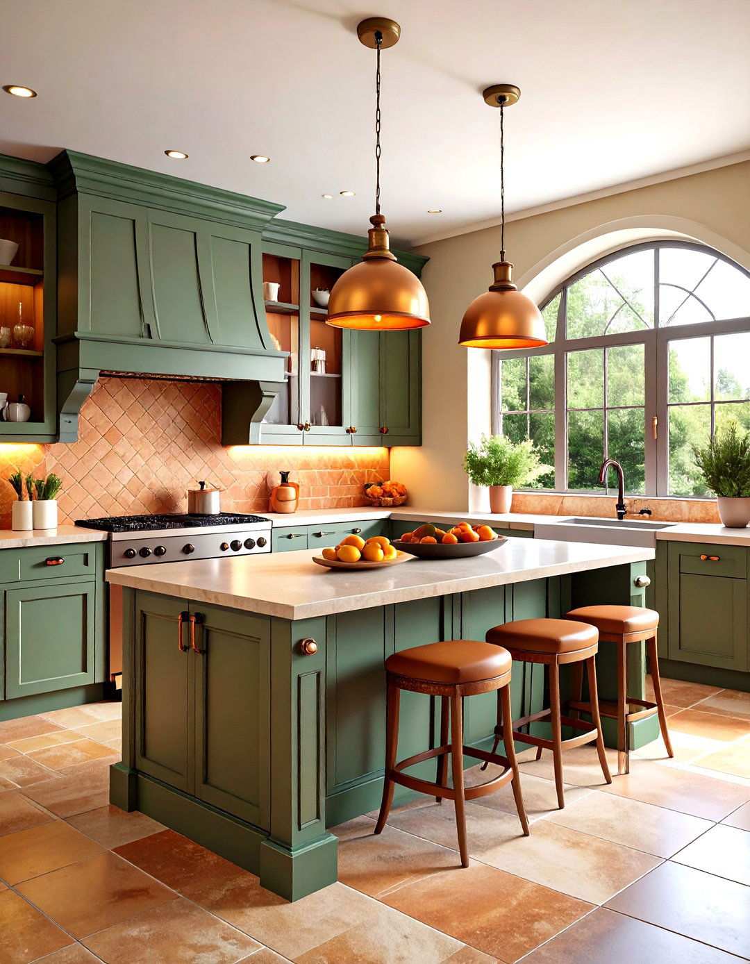 Mediterranean Sage Green Island with Terracotta Tile Backsplash - 24 Sage Green Kitchen Island Ideas