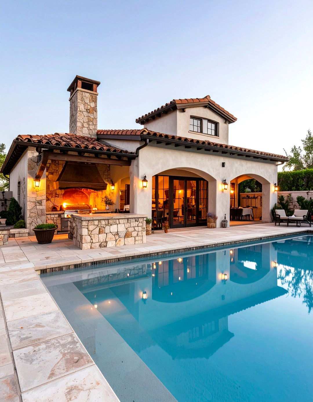 Mediterranean Stone Pool House with Wood Fired Pizza Oven - 24 Pool House With Outdoor Kitchen Ideas