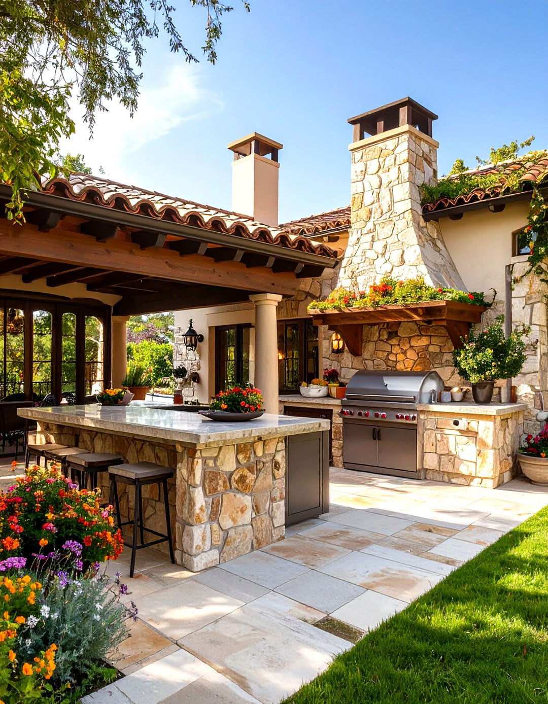 Mediterranean Stone Villa Kitchen - 24 Outdoor Kitchen with a Gazebo Ideas