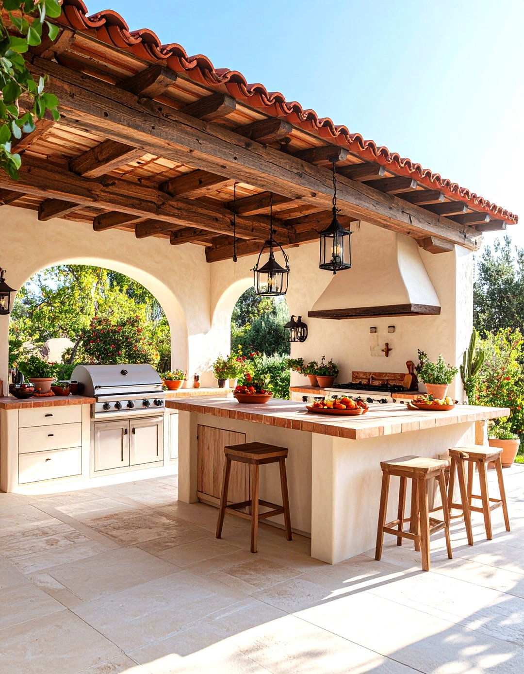 Mediterranean Stucco Outdoor Kitchen with Red Tile Accents - 24 Stucco Outdoor Kitchen Ideas