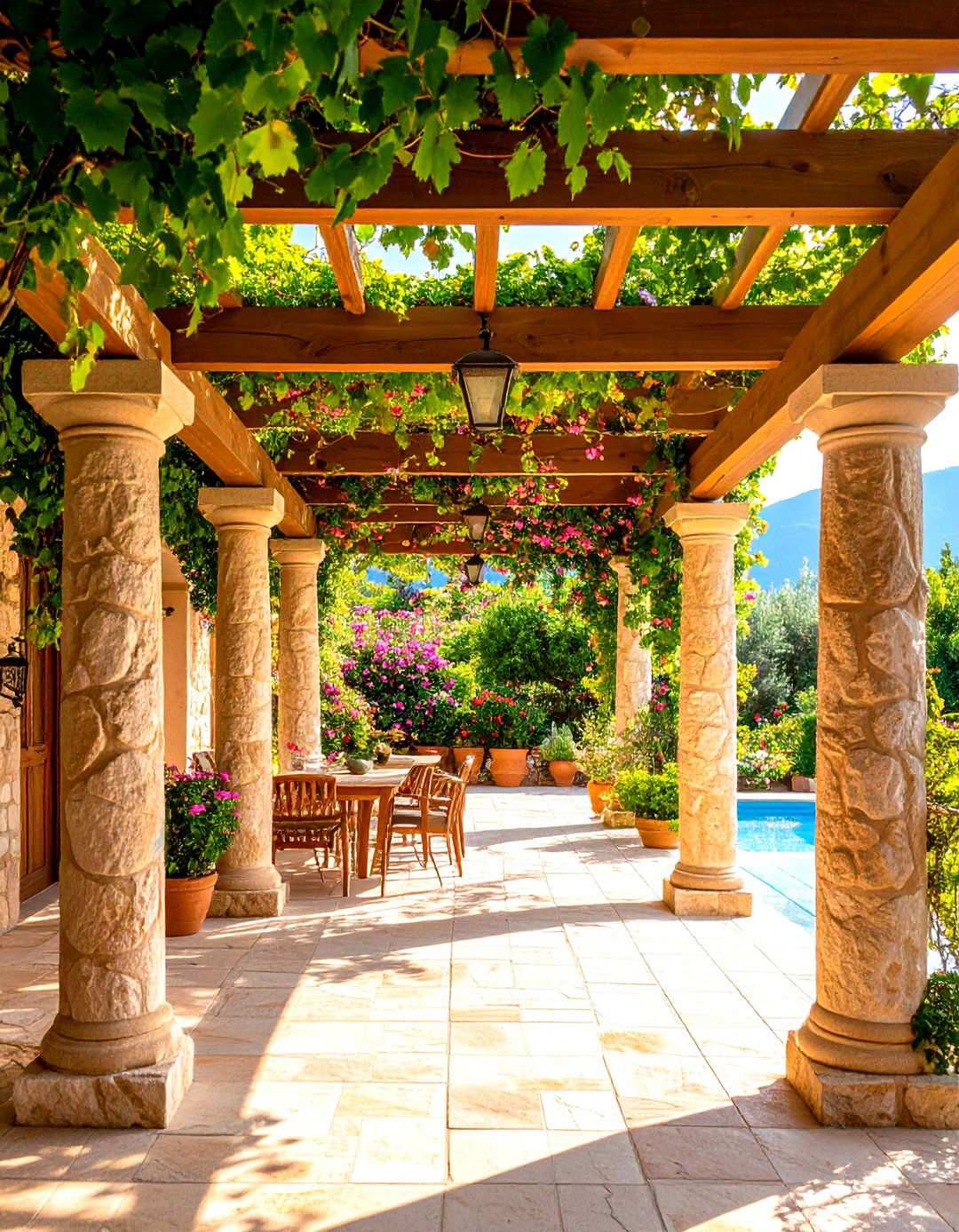 Mediterranean Style Pergola with Climbing Vines - 24 Patio Pergola Ideas