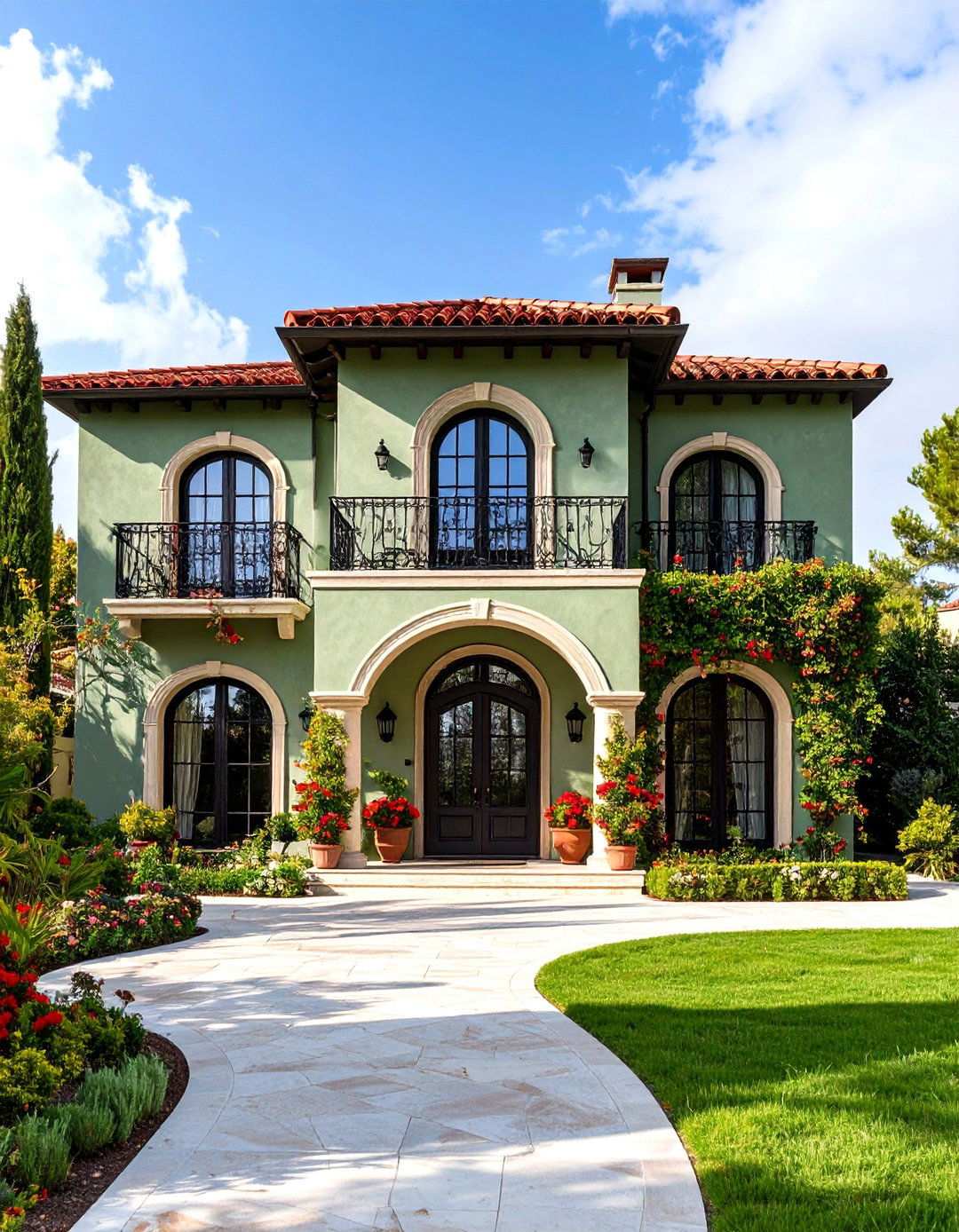 Mediterranean Style Sage Green Villa with Black Door - 24 Sage Green House With Black Door