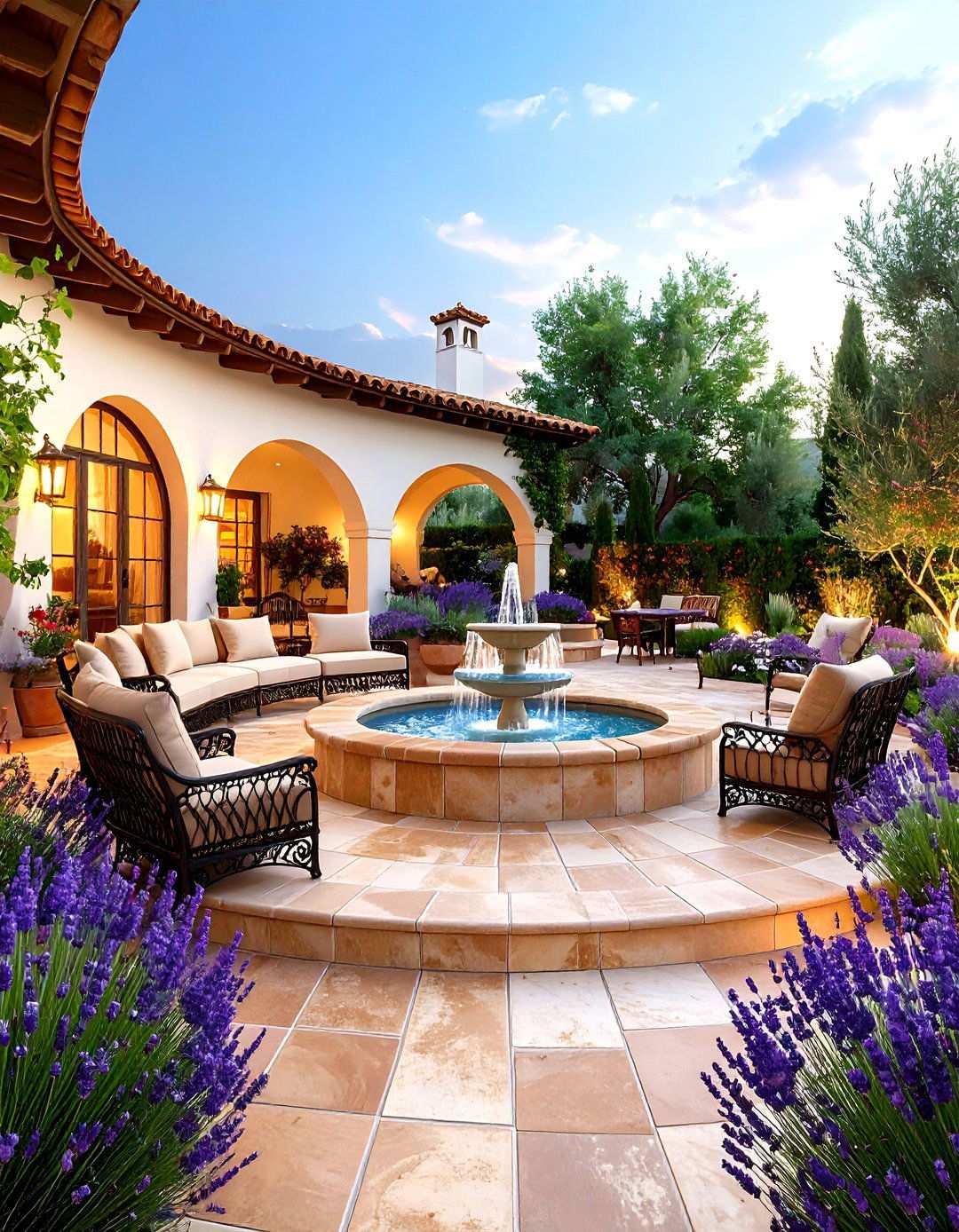 Mediterranean Style Semi Circle Patio with Tile Accents - 24 Semi Circle Patio Ideas and Inspiration
