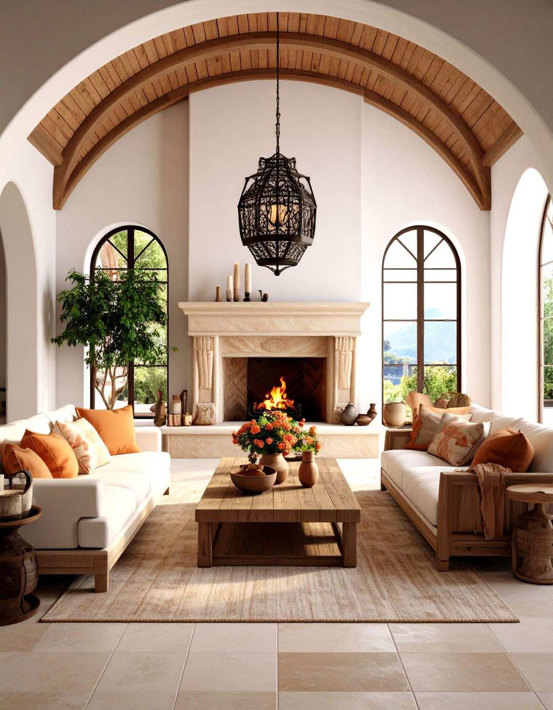 Mediterranean Style Stone Fireplace With Arched Ceiling - 24 Rooms With Fireplaces With Vaulted Ceilings Features