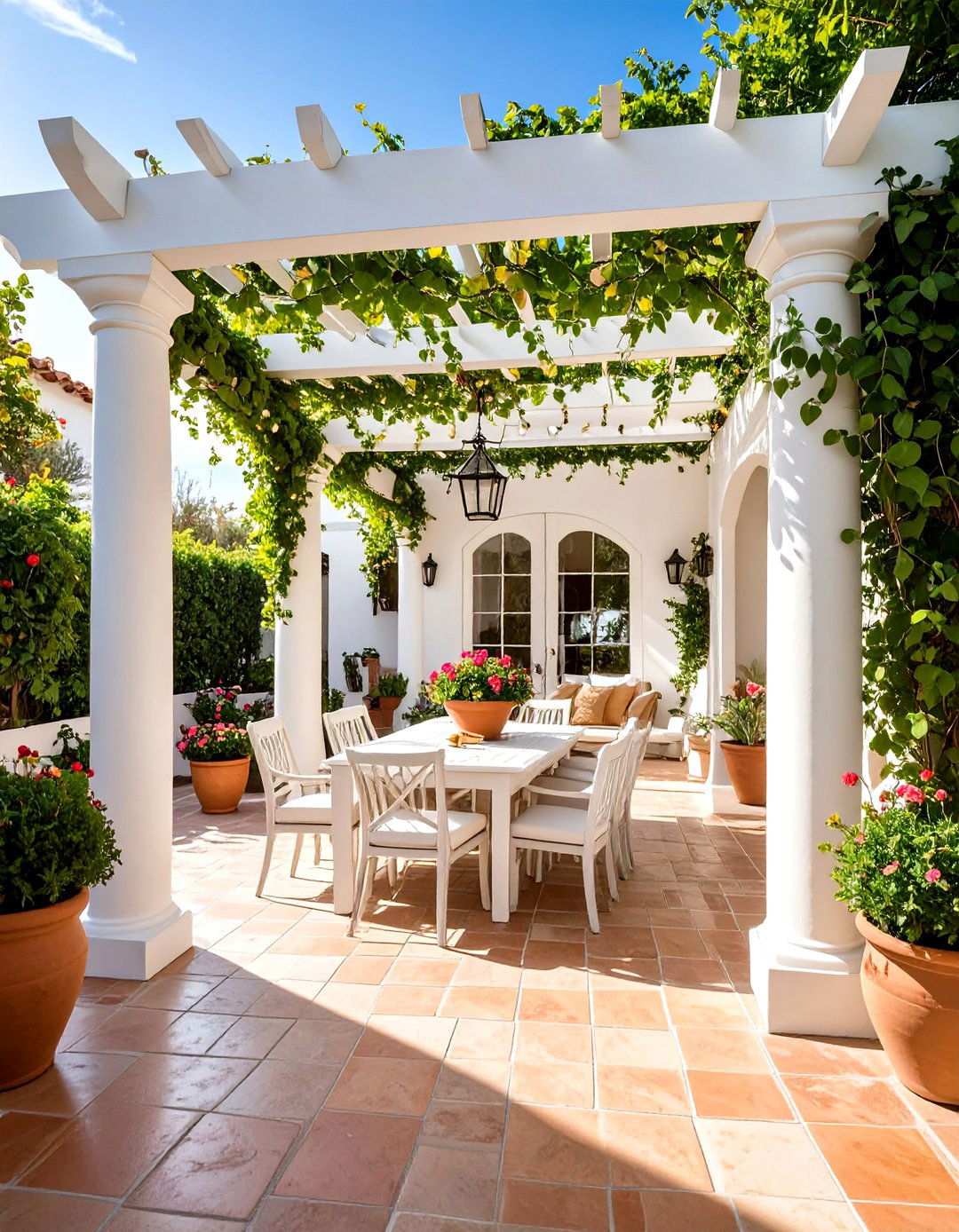 Mediterranean Style White Pergola - 24 Patio With a Pergola Ideas