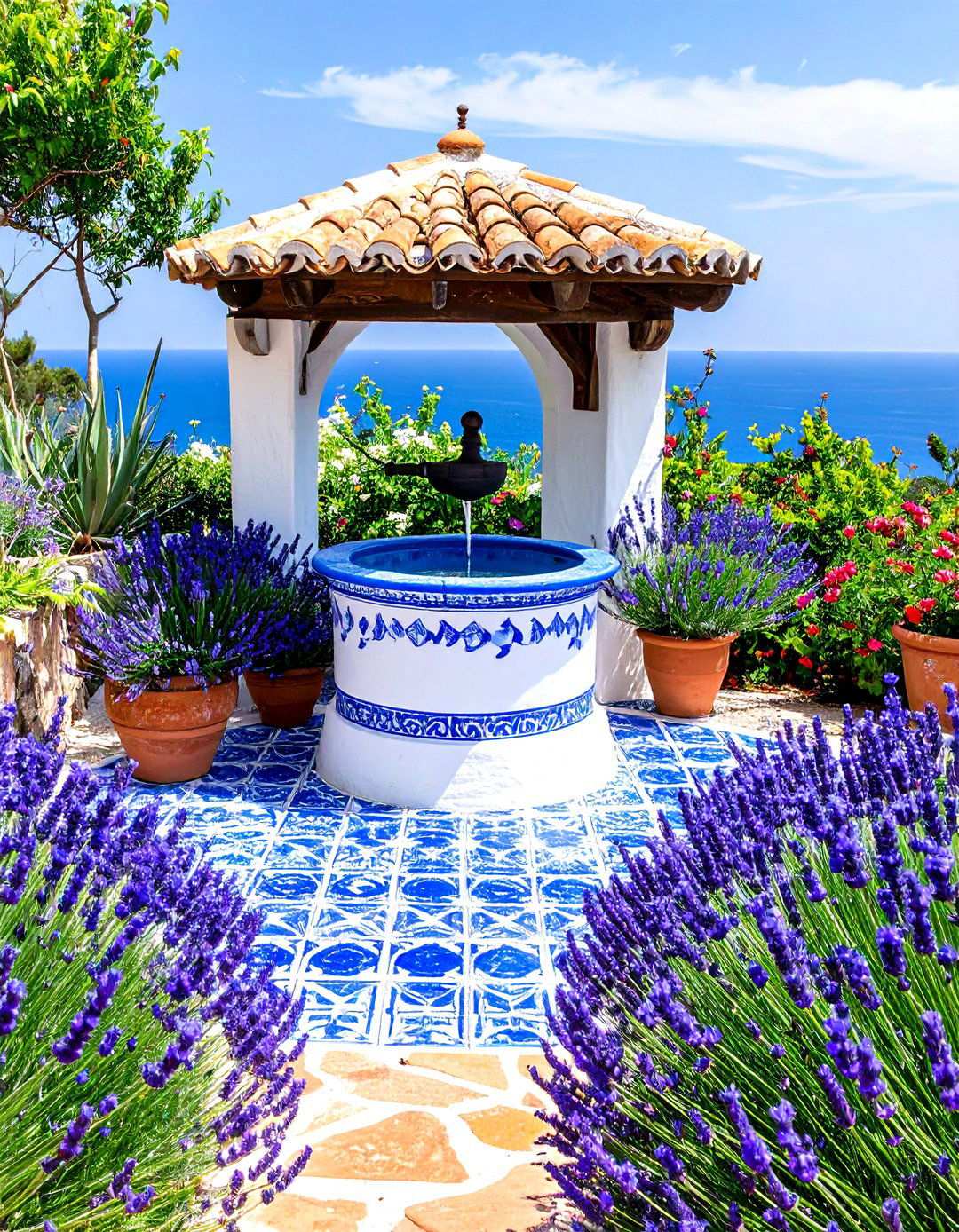 Mediterranean Style Wishing Well with Tile Accents - 24 Outdoor Wishing Well Garden Ideas
