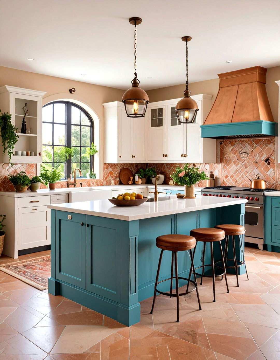 Mediterranean Teal Island Kitchen - 24 White Kitchen Cabinets With Blue Island