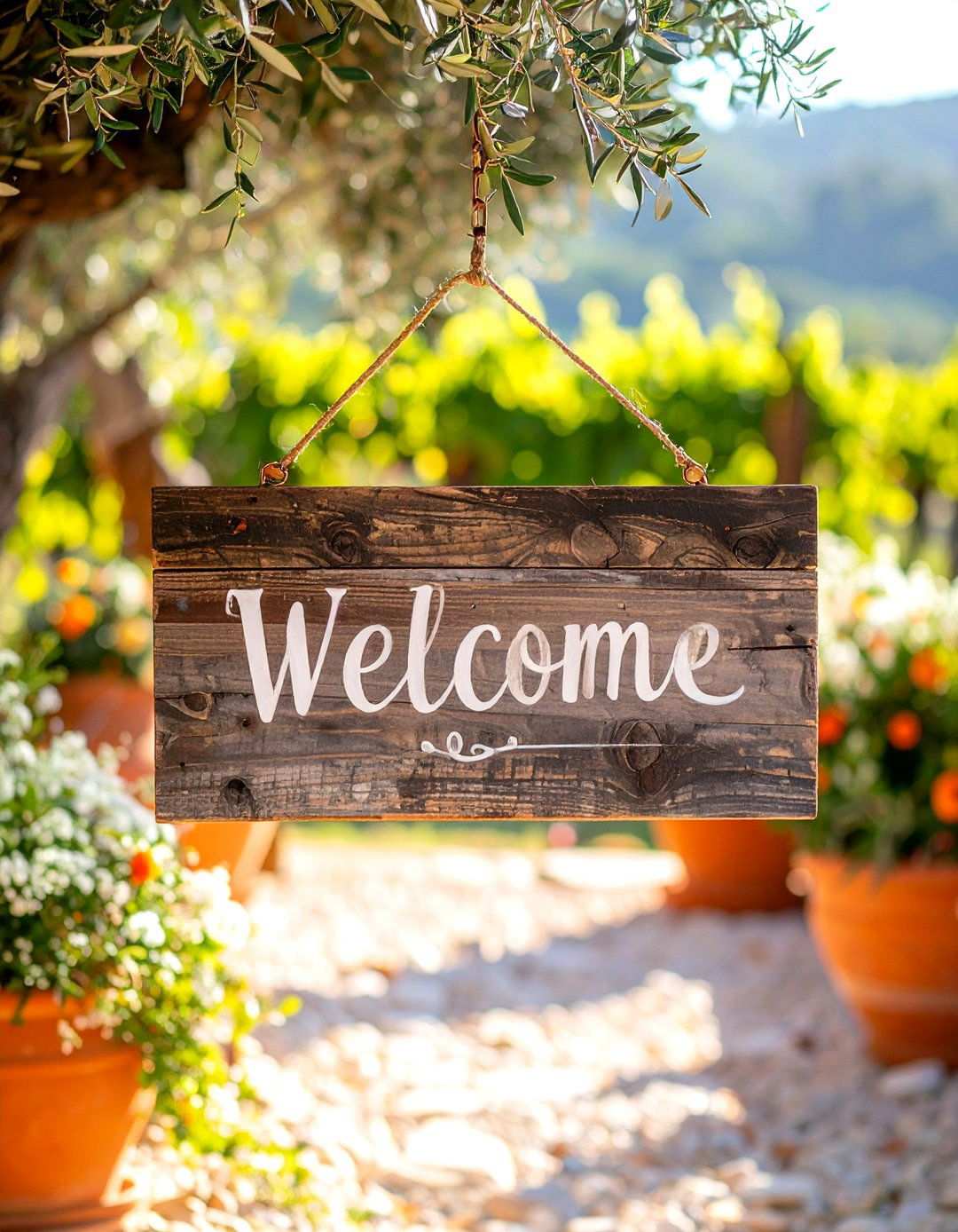 Mediterranean Wedding Welcome Sign with Olive Branches and Terra Cotta - 24 Wedding Welcome Sign Ideas