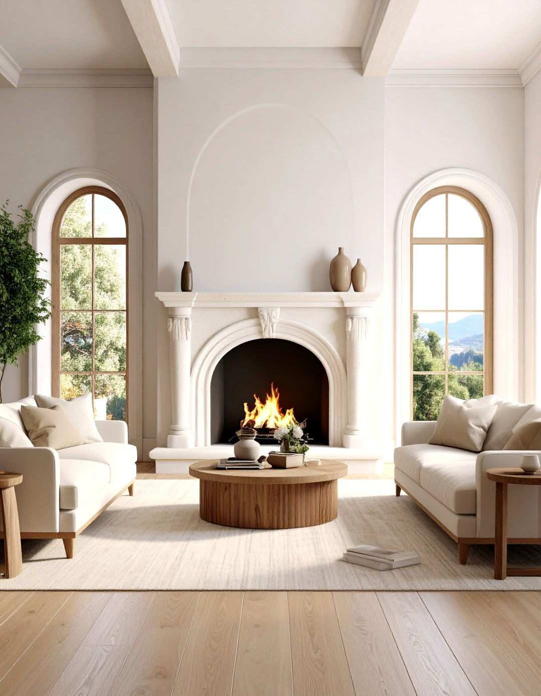 Mediterranean White Stone Arched Design - 24 White Stone Fireplace Ideas