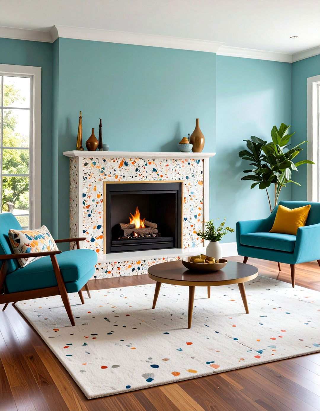 Mid Century Modern Fireplace with Terrazzo and Brass Accents - 24 Modern Fireplace Ideas
