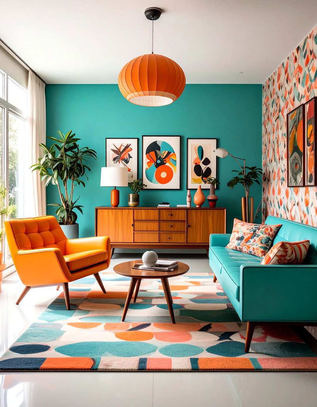 Mid Century Modern Retro Orange and Teal - 24 orange and blue living room ideas