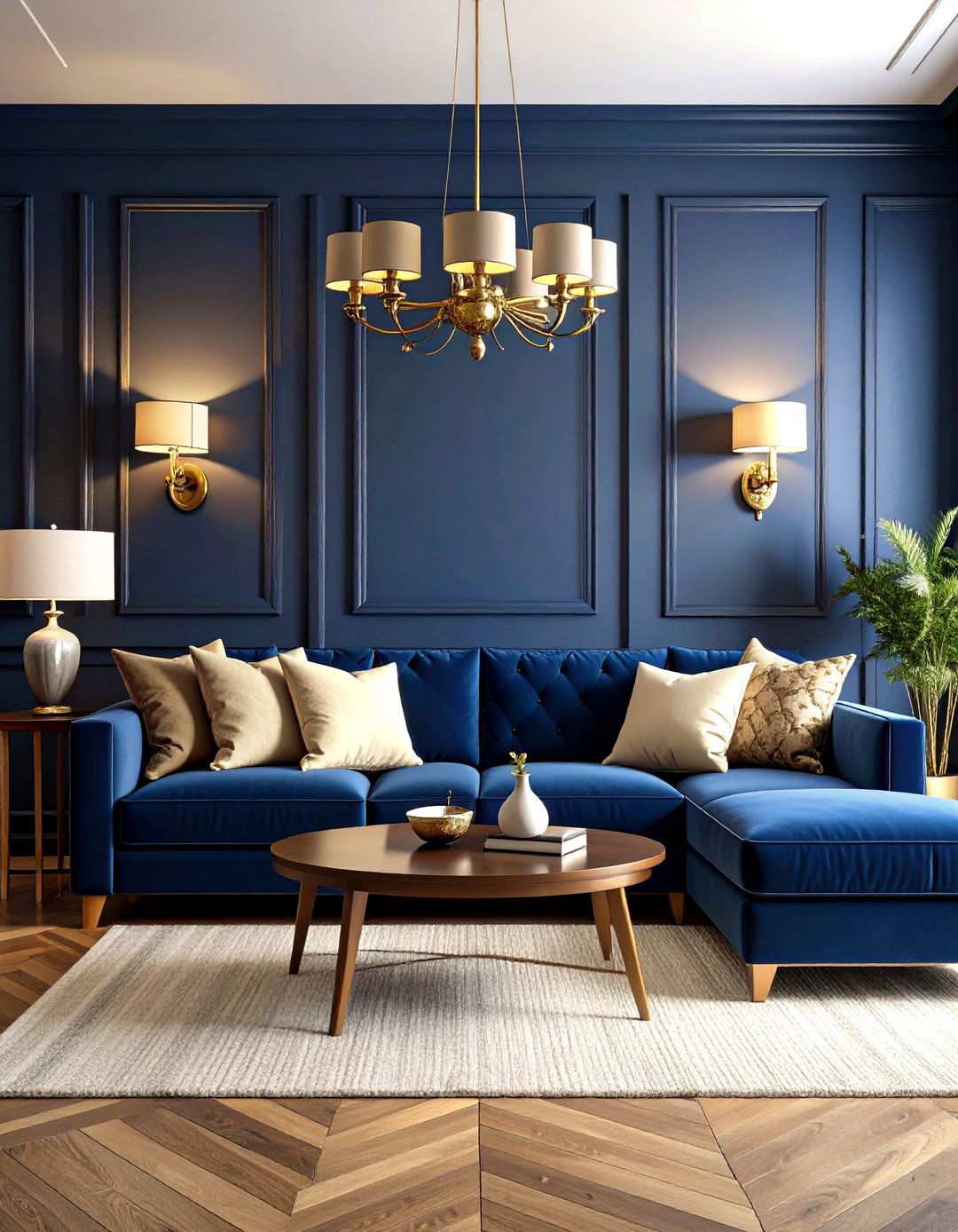 Midnight Navy Living Room with Brass Accents - 24 Moody Living Room Ideas