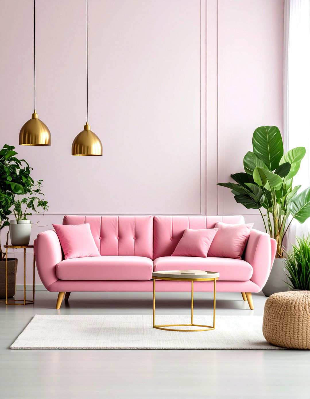 Millennial Pink Sofa with Brass Industrial Touches - 24 Pink Couch Living Room Ideas