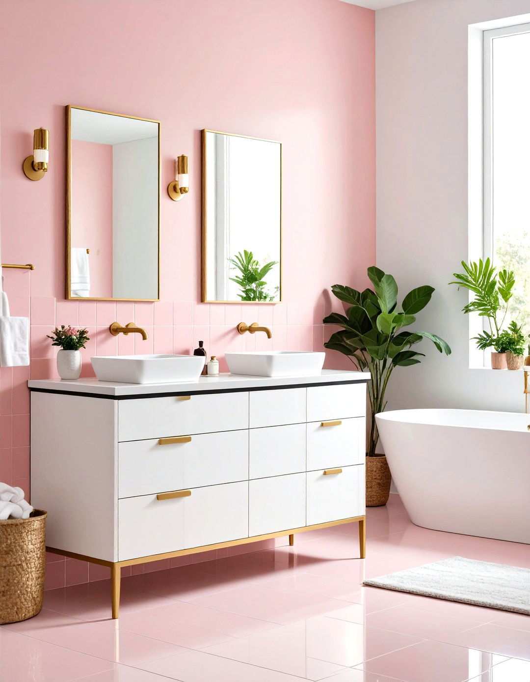 Millennial Pink Tiles with Black Grout Lines - 24 Pink and Black Bathroom Ideas