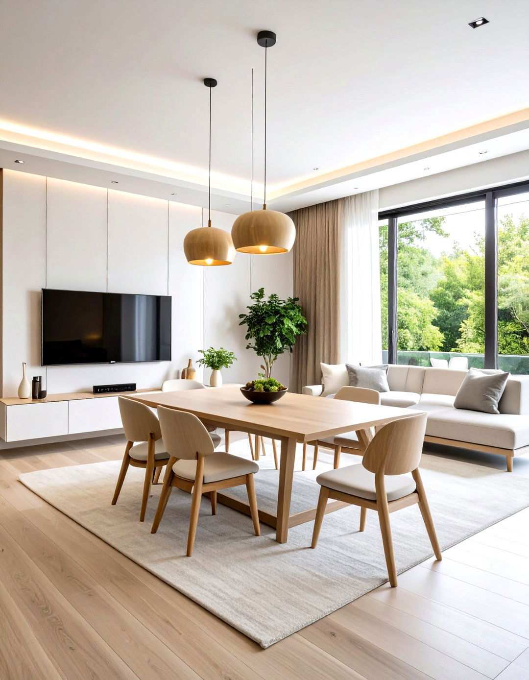 Minimalist Floating Console with Extendable Dining Table - 24 Small Living Room Ideas With Tv and Dining Table