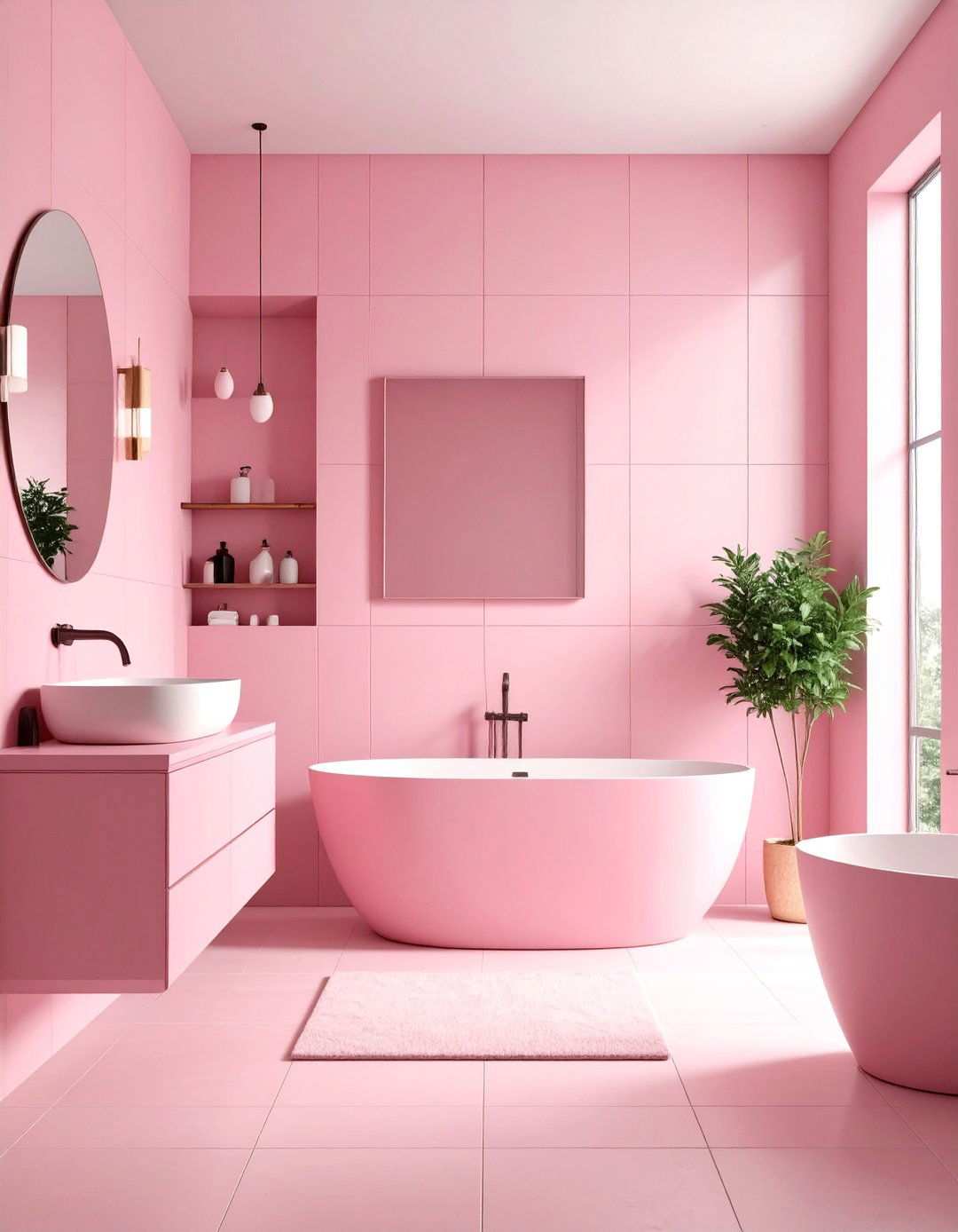 Minimalist Pink Monochrome Bathroom - 24 Pink Tile Bathroom Ideas