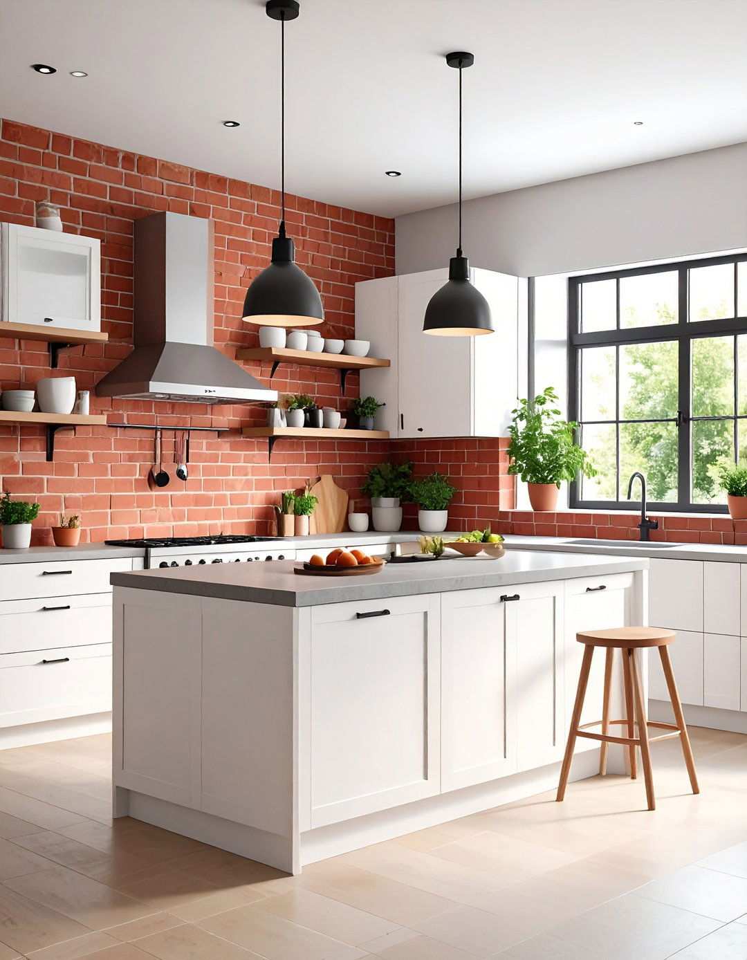 Minimalist Red Brick Accent Kitchen - 24 Red Brick Kitchen Ideas