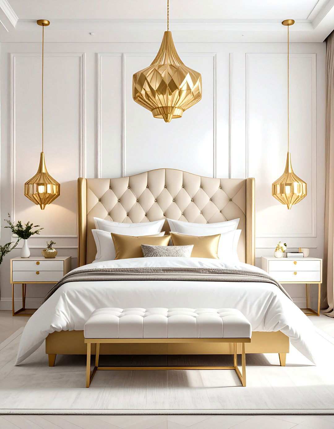 Minimalist White Bedroom with Sculptural Gold Elements - 24 White and Gold Bedroom Ideas