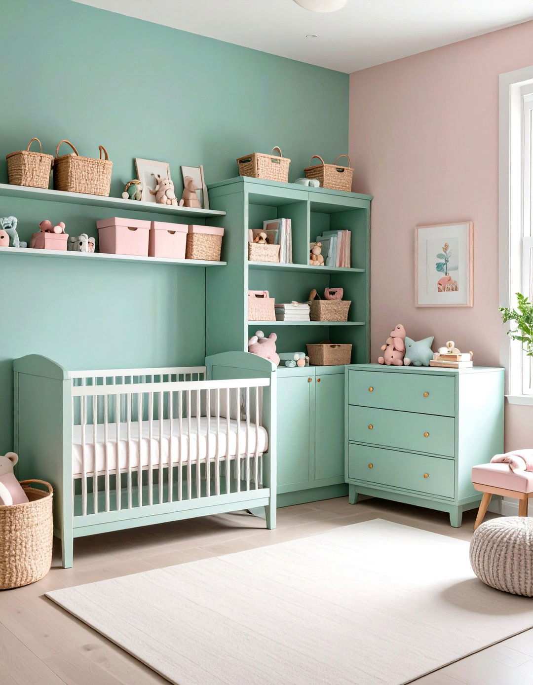 Mint Green Built in Storage with Pink Details - 24 Pink and Green Nursery Ideas