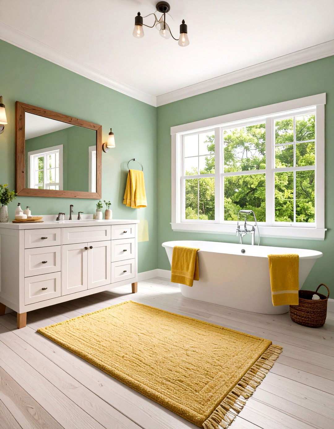 Mint Green Paint with Sunshine Yellow Towels and Rugs - 24 Yellow and Green Bathroom Ideas
