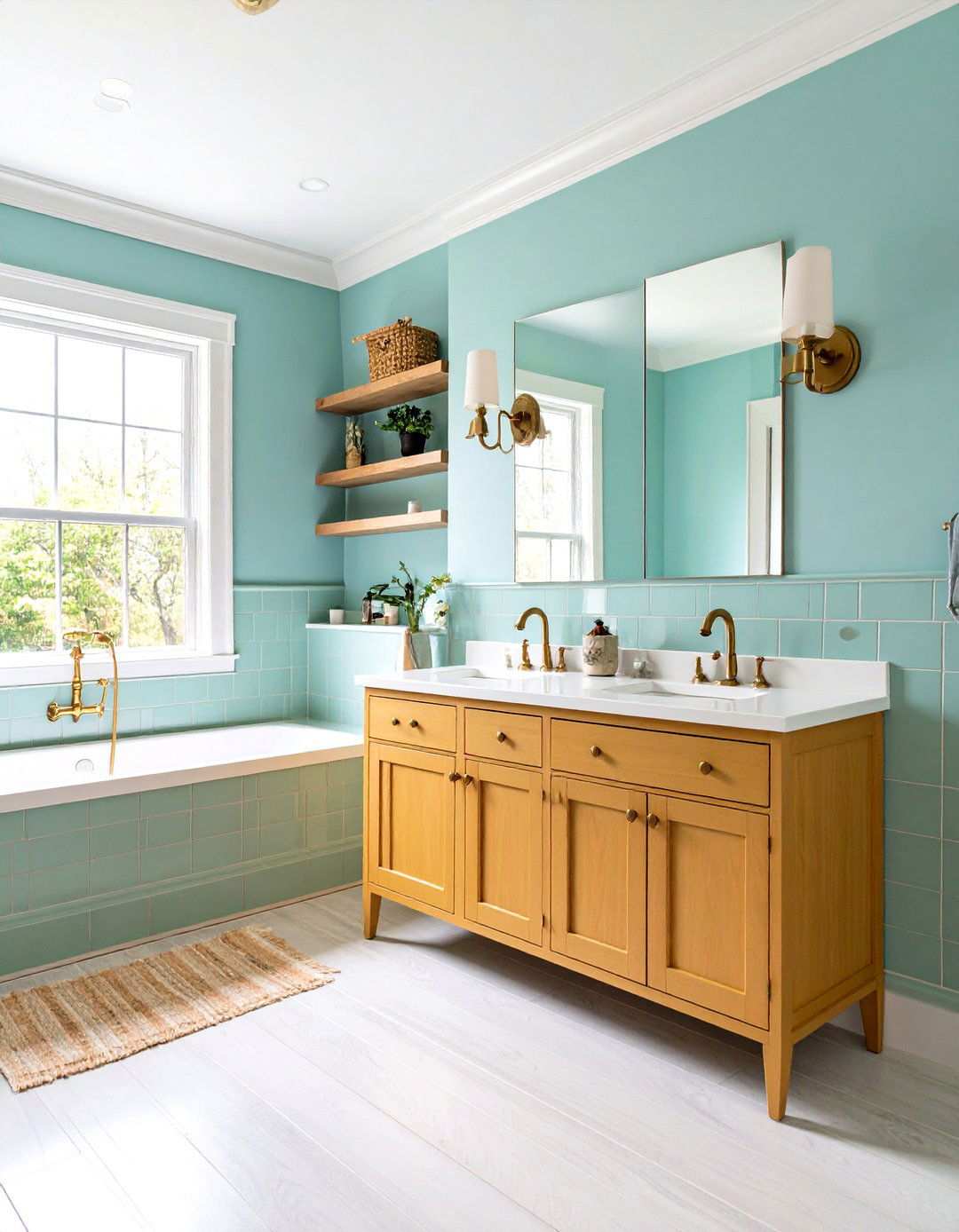 Mint Green Subway Tiles with Golden Yellow Vanity - 24 Yellow and Green Bathroom Ideas