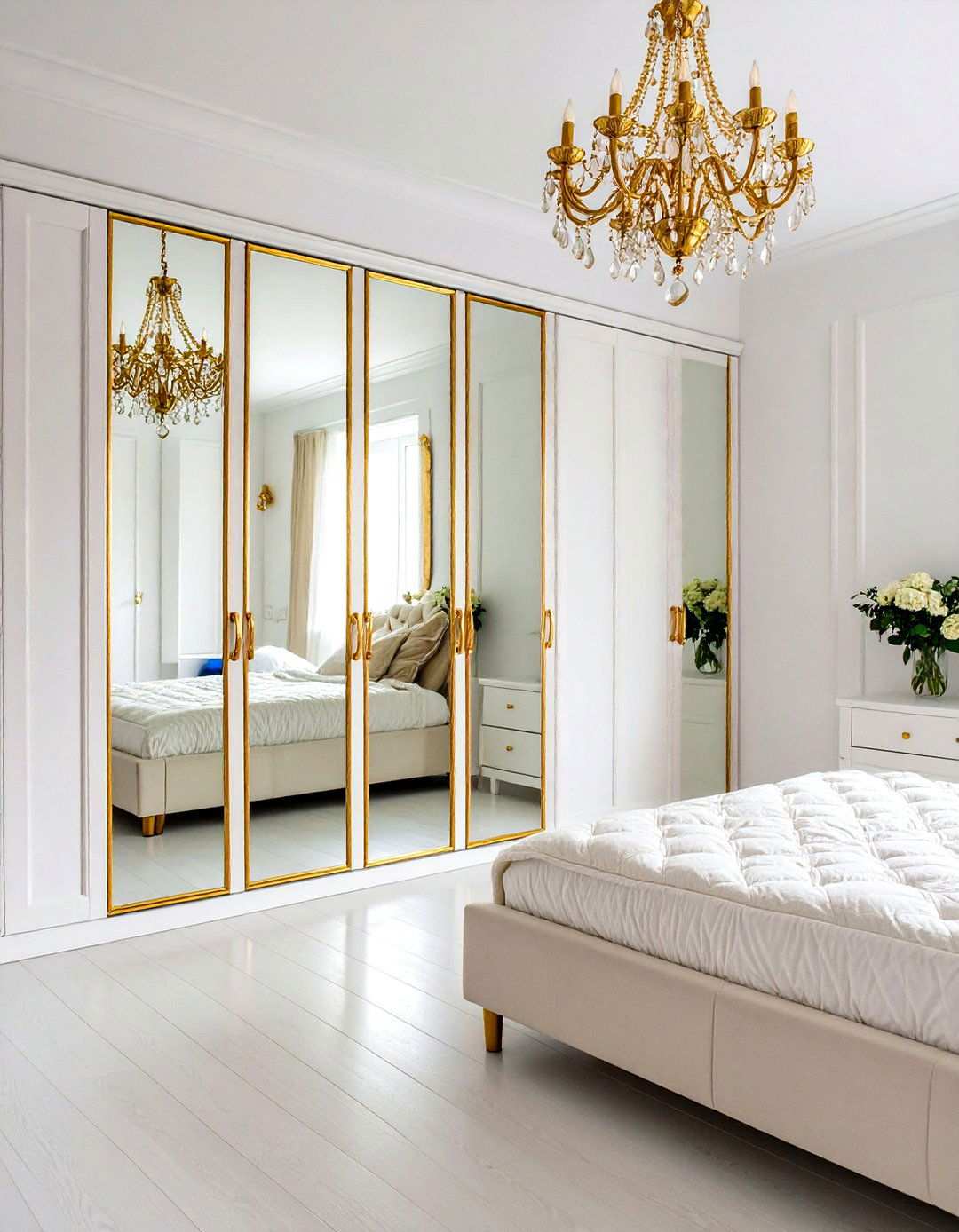 Mirror and Reflective White Bedroom with Gold Frames - 24 White and Gold Bedroom Ideas