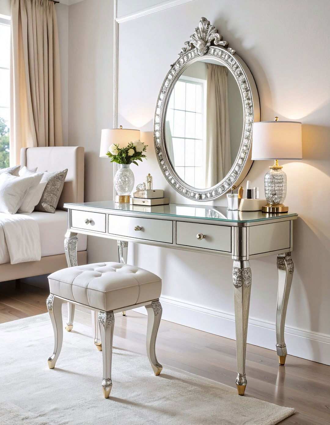 Mirrored Vanity Table with Crystal Accents - 24 Makeup Vanity Ideas