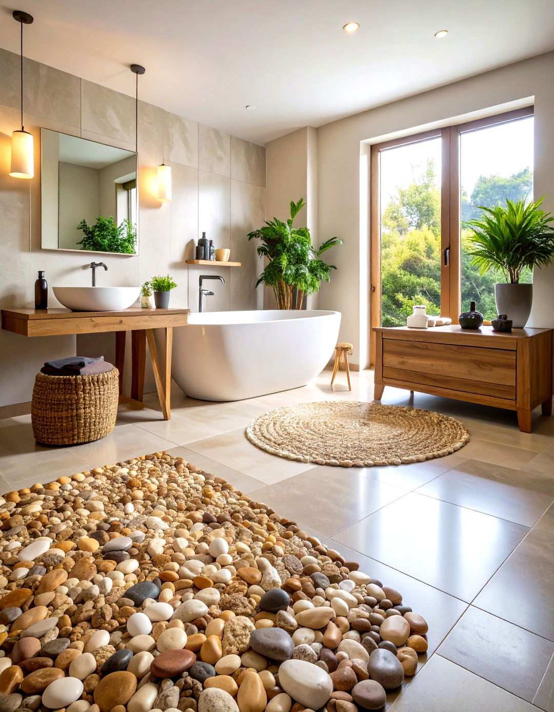 Mixed Earth Tone Pebble Flooring - 24 Pebble Tile Bathroom Ideas