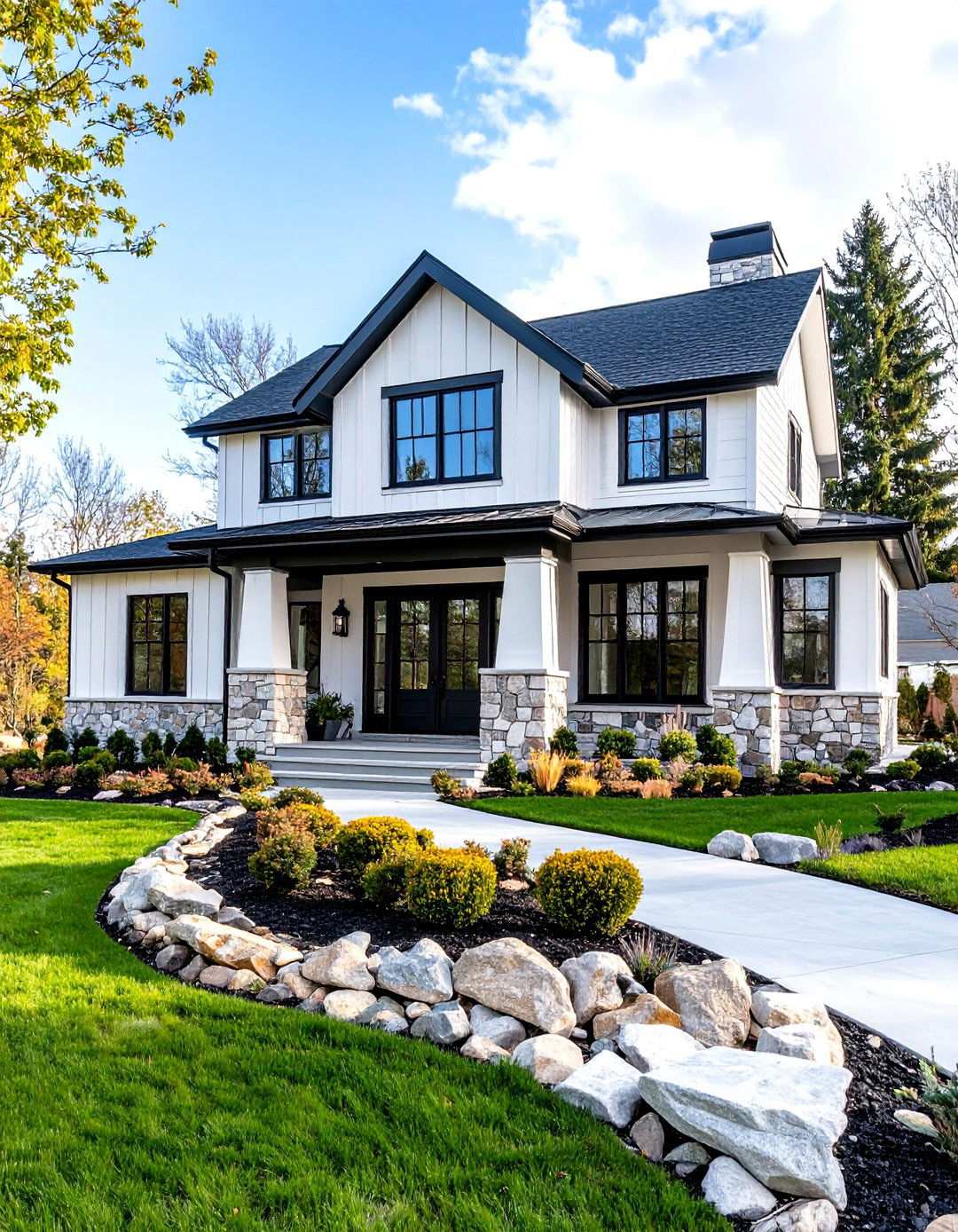 Mixed Material Foundation Design - 24 White Farmhouse With Black Windows Ideas