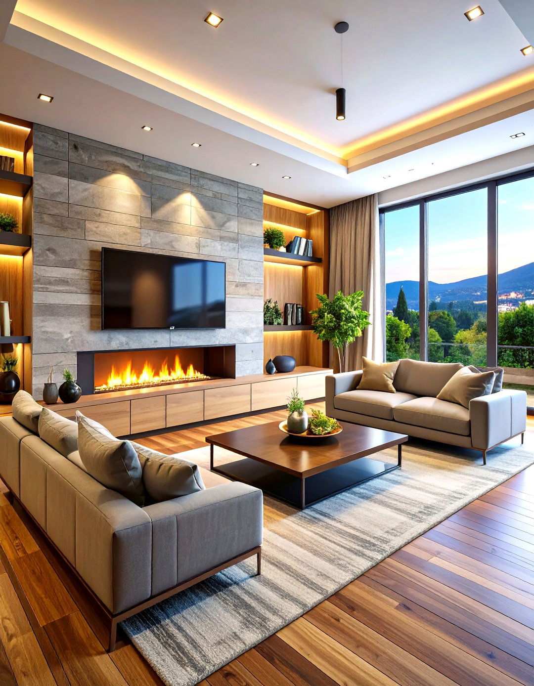 Mixed Material Linear Fireplace with Metal Accents - 24 Linear Fireplace Ideas With Tv Above