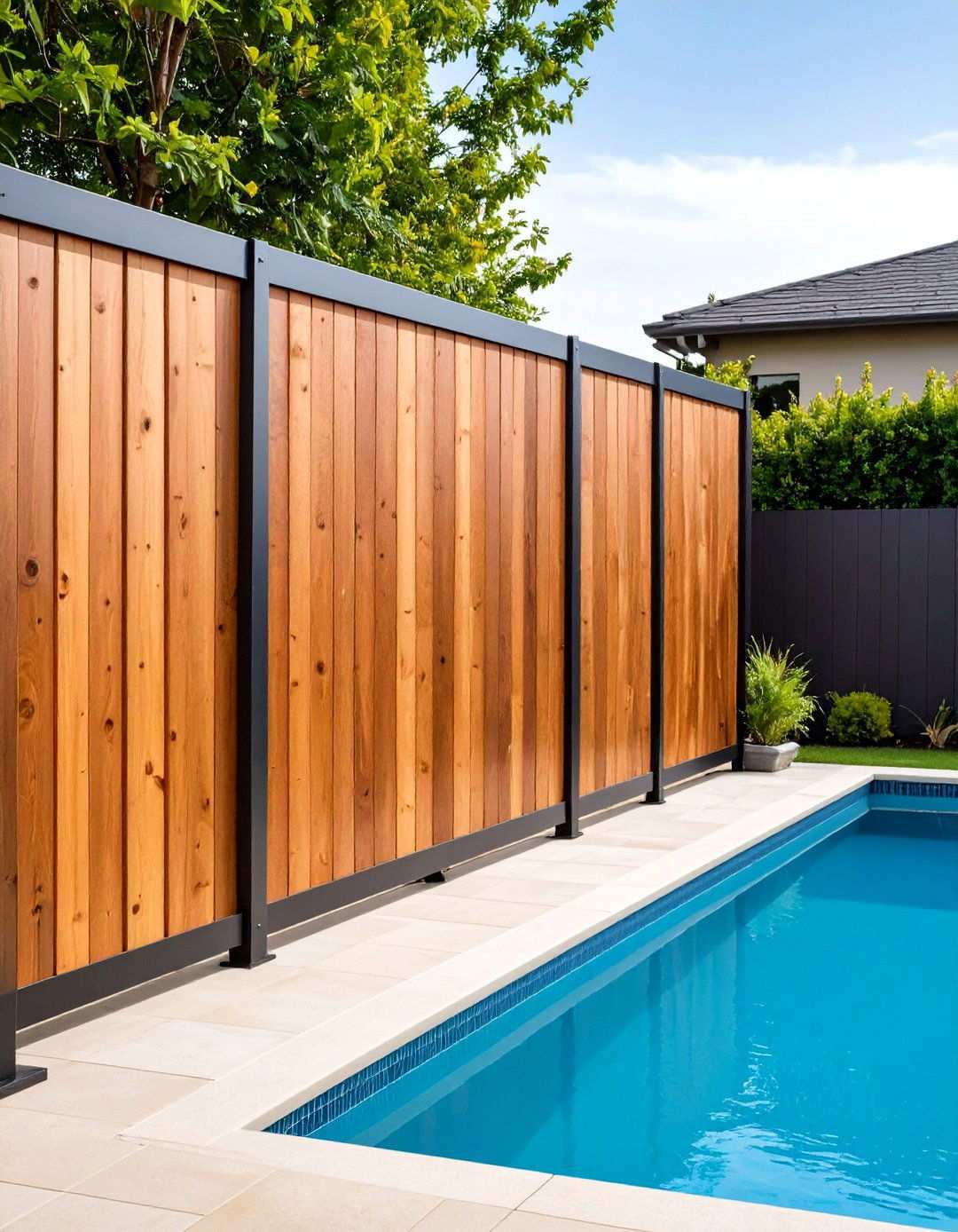 Mixed Material Pool Fence with Wood and Steel Elements - 24 Pool Fence Ideas