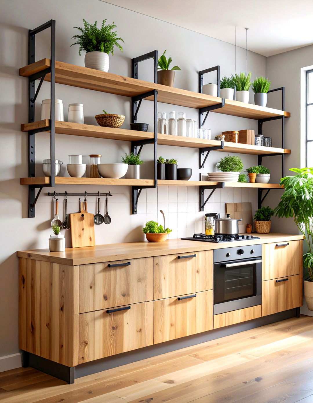 Mixed Material Wood and Metal - 24 Open Shelving Kitchen Ideas