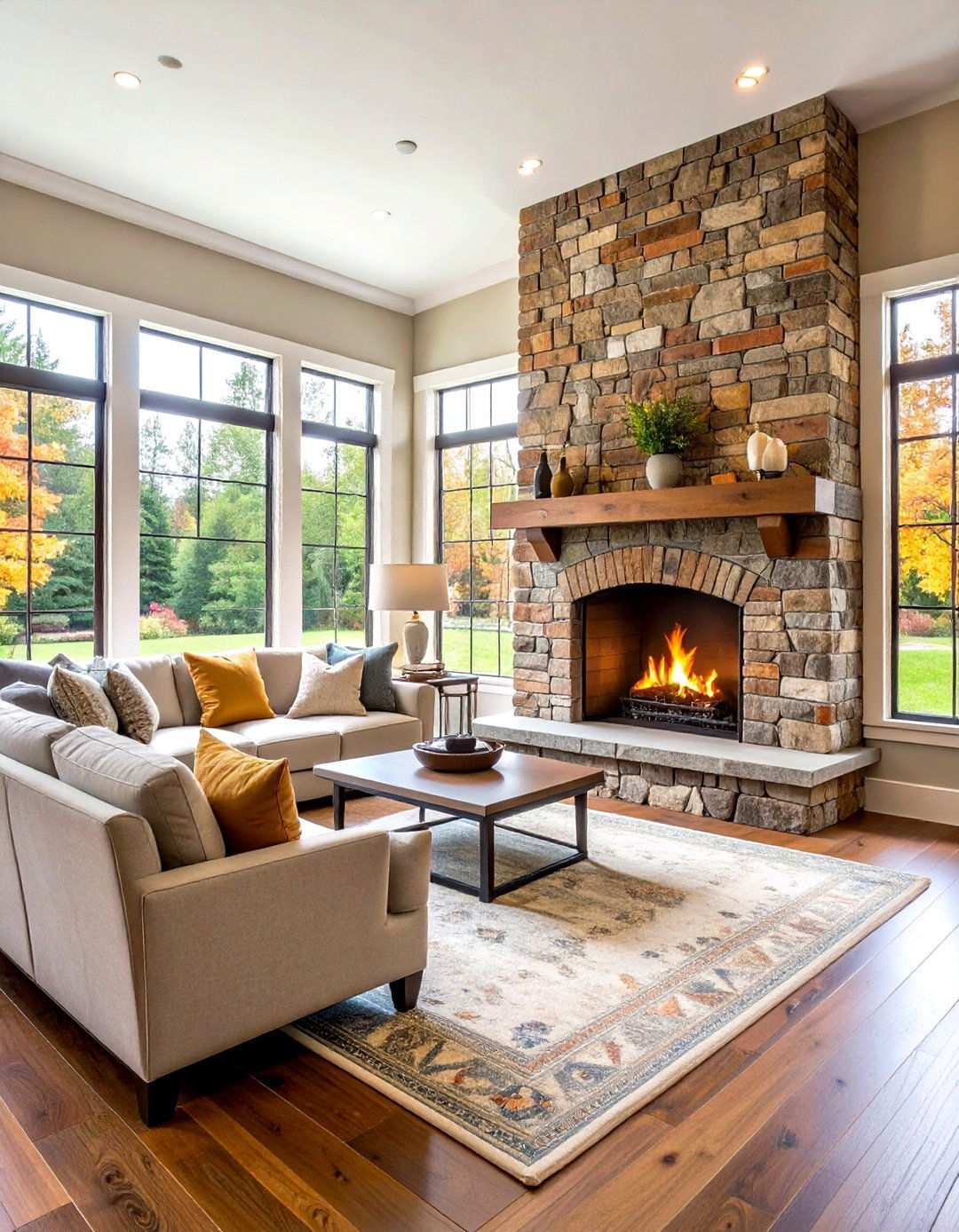 Mixed Materials Brick and Stone Combination - 24 Rustic Brick Fireplace Ideas