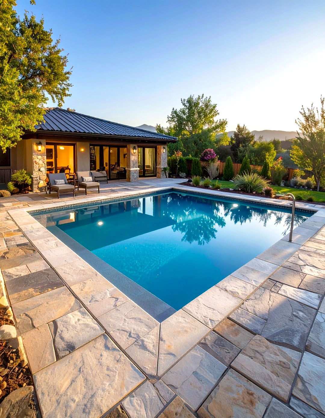 Mixed Size Natural Stone Pool Design - 24 Pavers Around Pool Ideas
