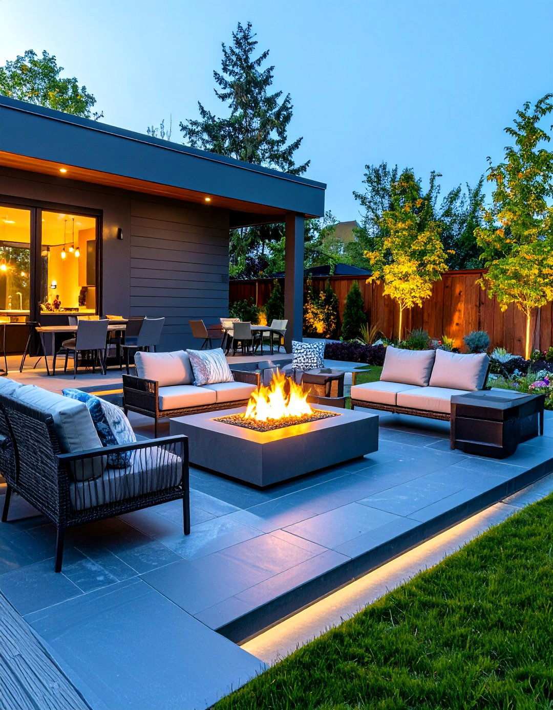Modern Bluestone Rectangular Patio with Linear Fire Feature - 24 Stone Patio With a Fire Pit Ideas