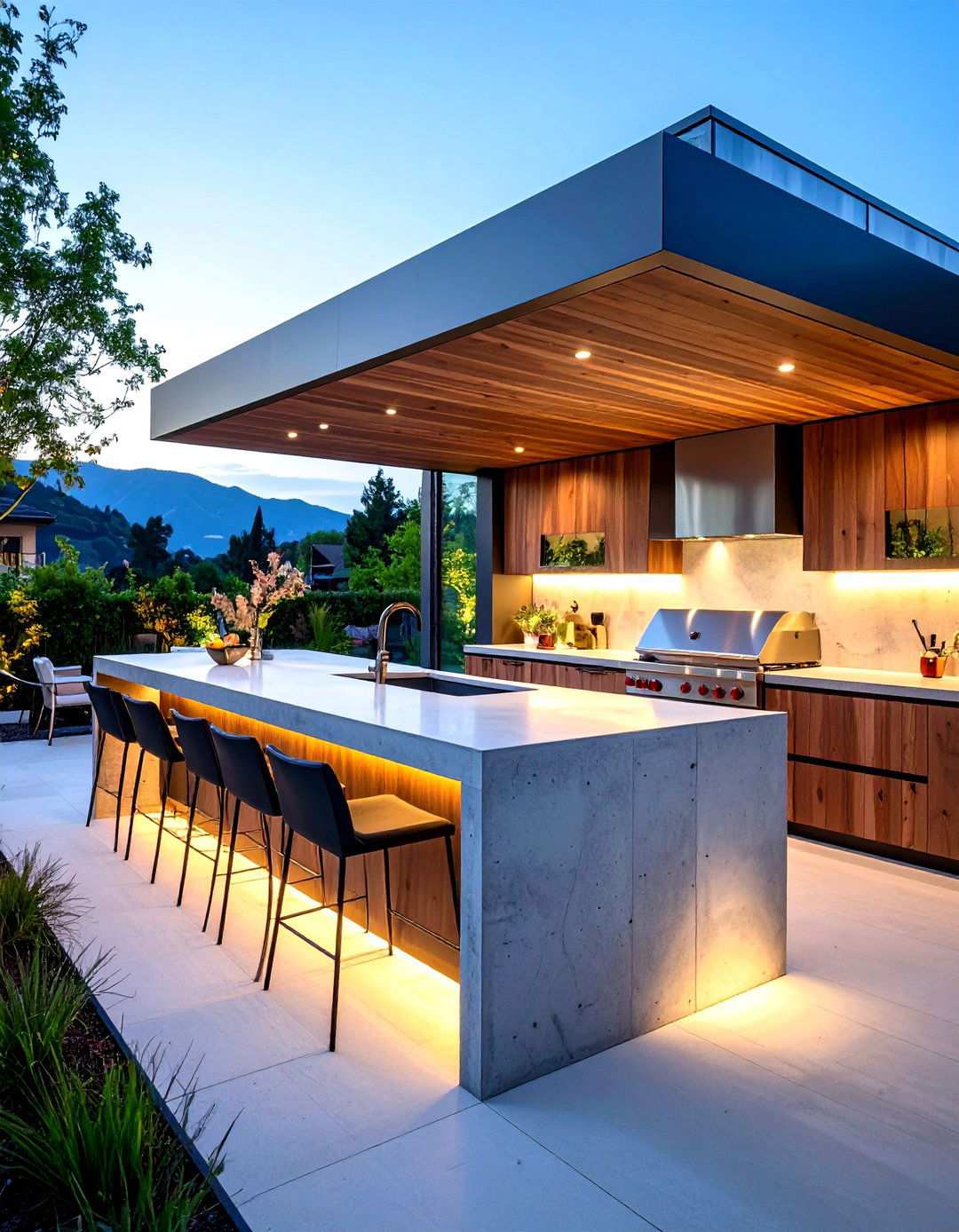 Modern Concrete Waterfall Island - 24 Outdoor Kitchen Island Ideas