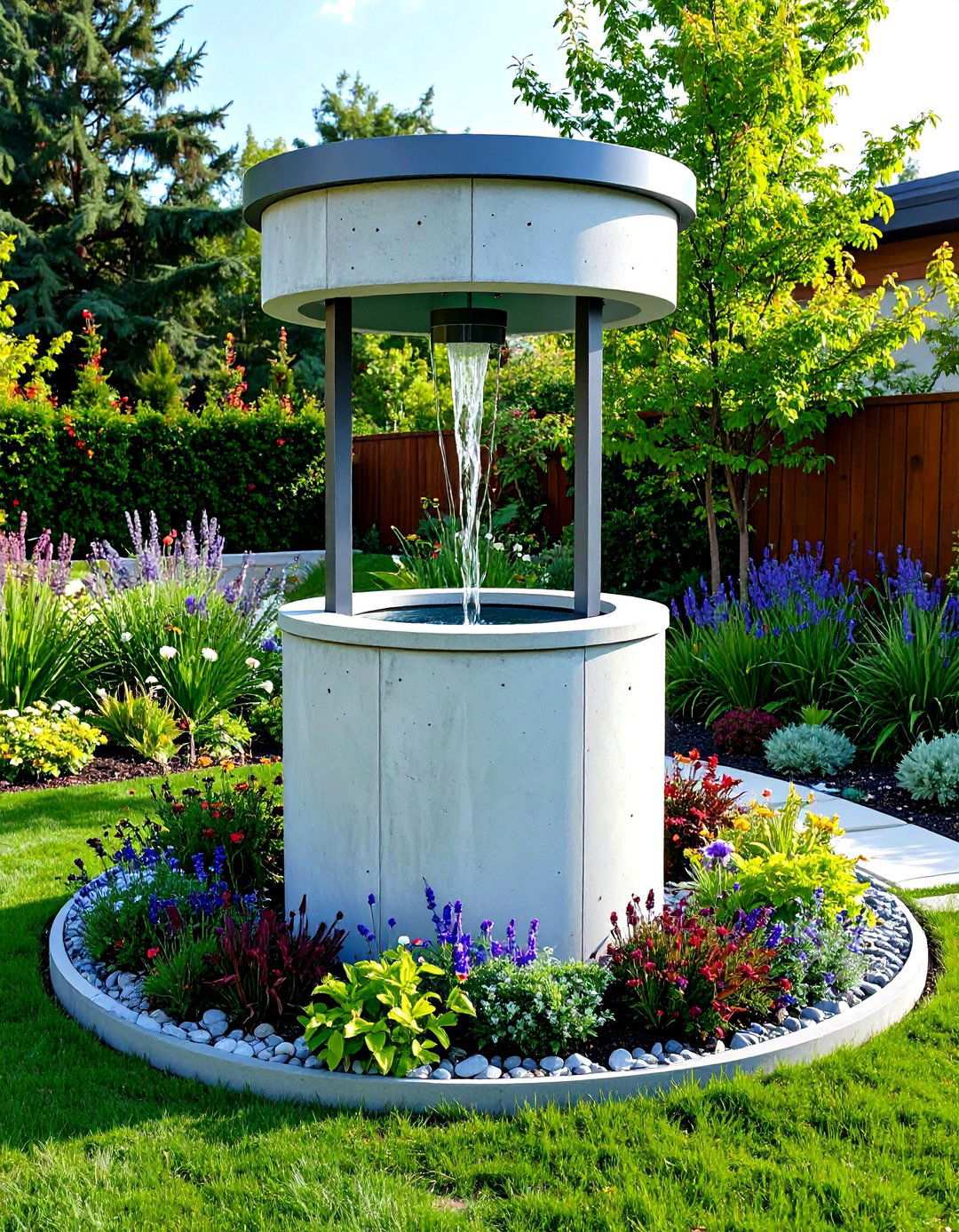 Modern Concrete Wishing Well with Geometric Landscaping - 24 Outdoor Wishing Well Garden Ideas