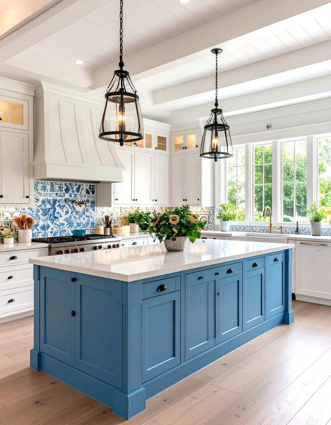 Modern English Country Cornflower Blue Island - 24 White Kitchen Cabinets With Blue Island