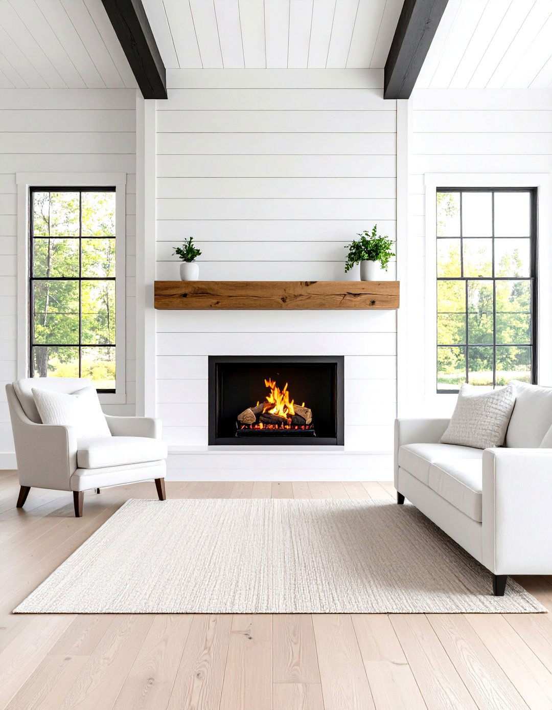 Modern Farmhouse Fireplace with Shiplap and Steel Beams - 24 Modern Fireplace Ideas