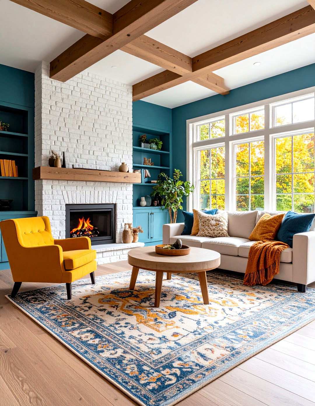 Modern Farmhouse Living Room With White Brick Fireplace - 24 Rooms With Fireplaces With Vaulted Ceilings Features