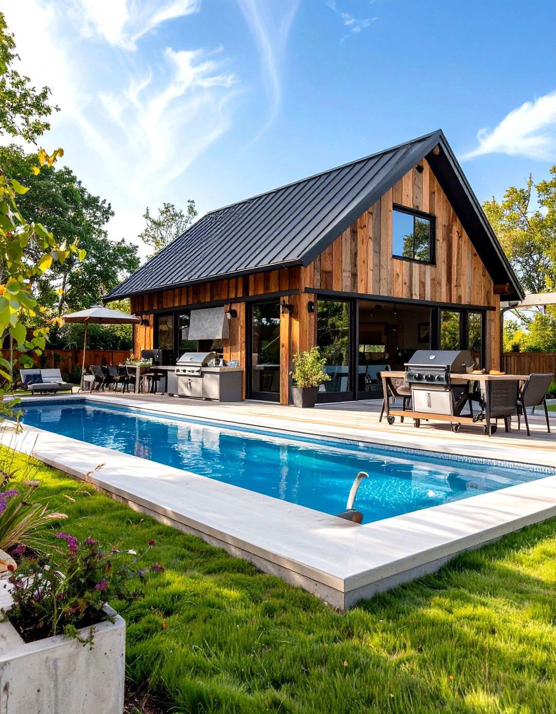 Modern Farmhouse Pool House with Gourmet Grilling Station - 24 Pool House With Outdoor Kitchen Ideas