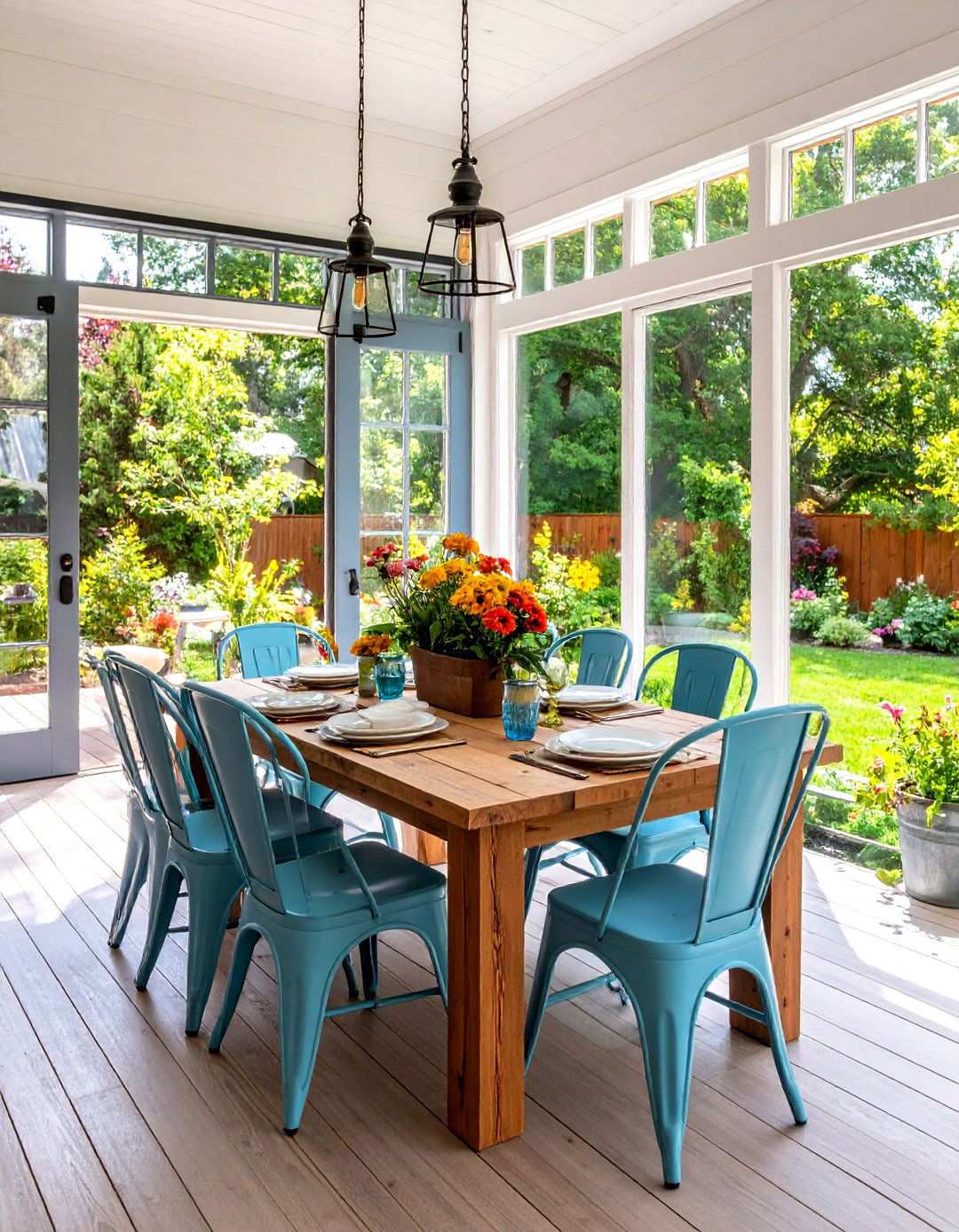 Modern Farmhouse Sunroom Dining with Updated Rustic Elements - 24 Sunroom Dining Room Ideas