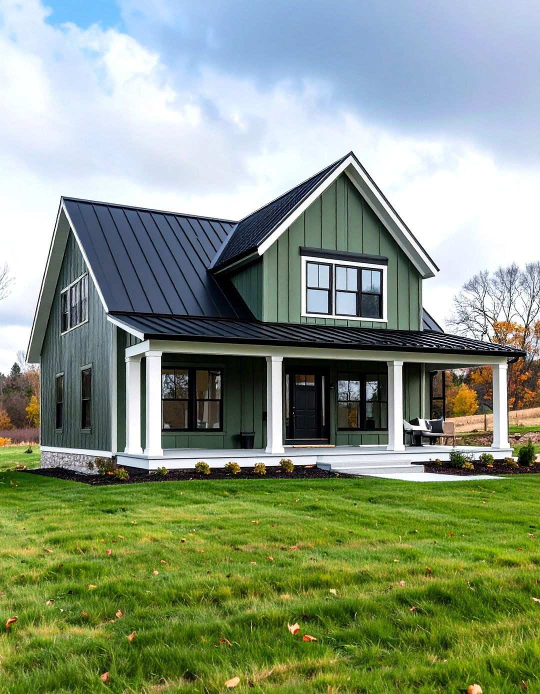 Modern Farmhouse with Sage Green Board and Batten - 24 Sage Green House With Black Door