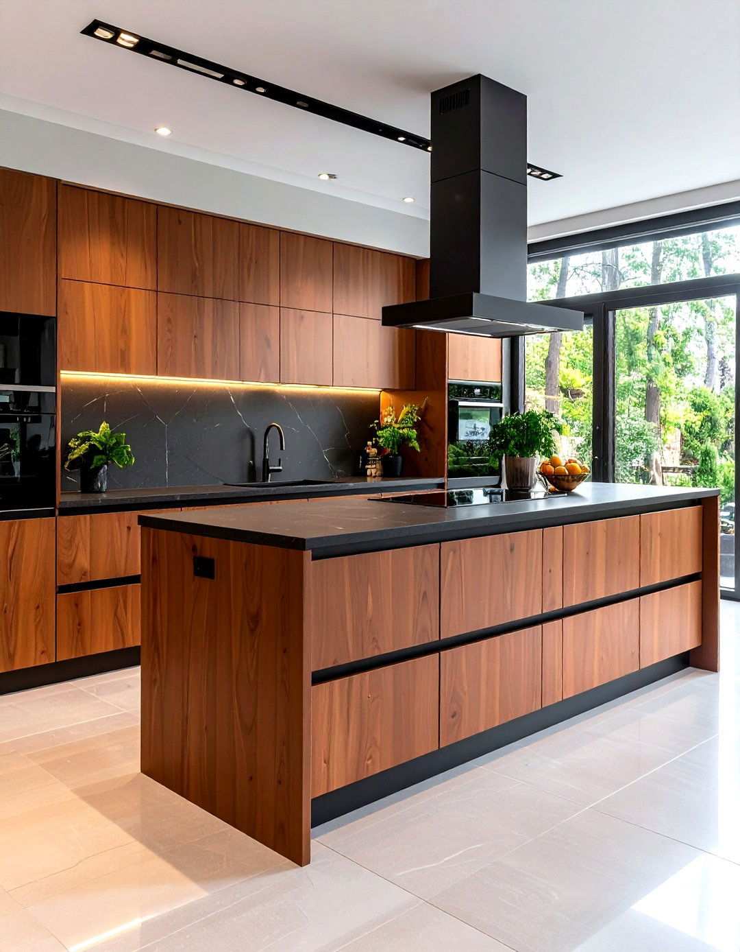 Modern Flat Panel Brown Cabinet Style - 24 kitchen with brown cabinets and black countertops ideas