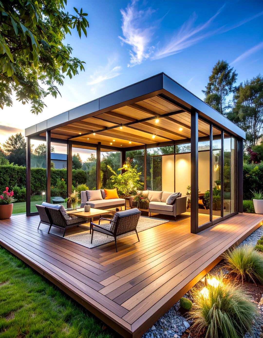 Modern Glass Box Sunroom with Minimalist Deck - 24 Sunroom and Deck Combo Ideas