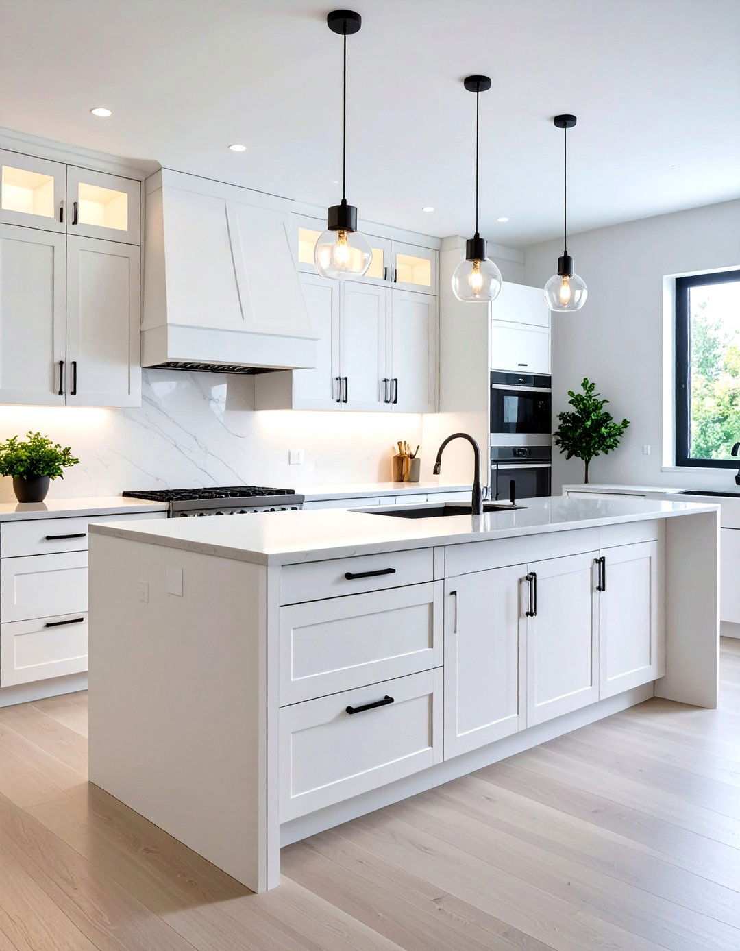 Modern Kitchen with Integrated Black Handle System - 24 White Kitchen Cabinets With Black Hardware