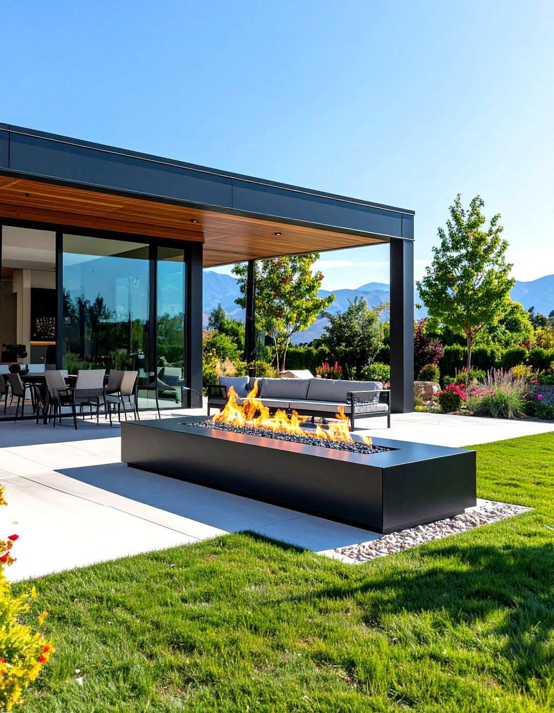 Modern Linear Gas Fireplace Installation - 24 Outdoor Fireplace Ideas
